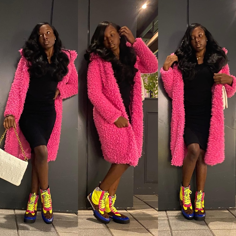 Vibrant Pink Fuzzy Coat with Black Dress and Cape Robin Print Boots